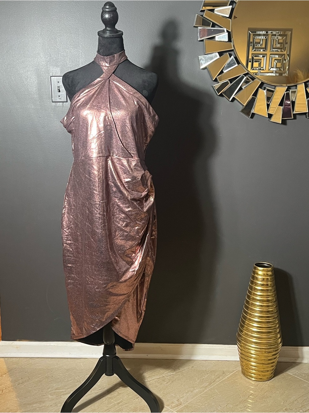 VENUS Rose Metallic Halter Midi Dress